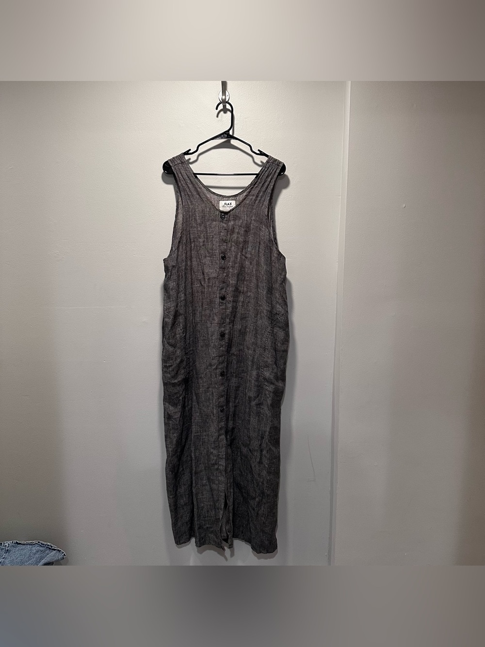 Flax Sleeveless Button-Front Linen Maxi Dress in Charcoal; Summer; Sustainable L
